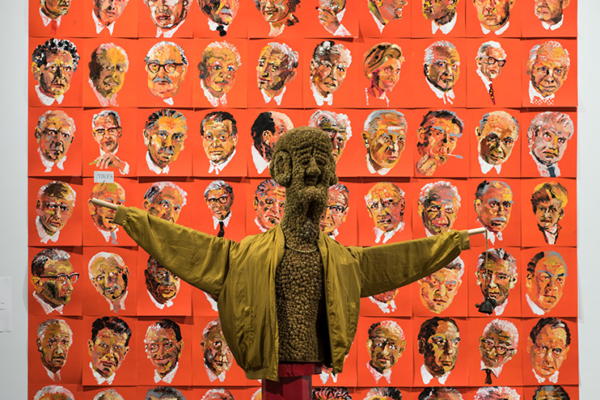 Nordman - Onni Nordman, Scarecrow Among the Chancellors, Draped burdock sculpture with 80 monotypes Sculpture 2 m, Monotypes 3 x 3 m, photo by Steve Farmer (2017)