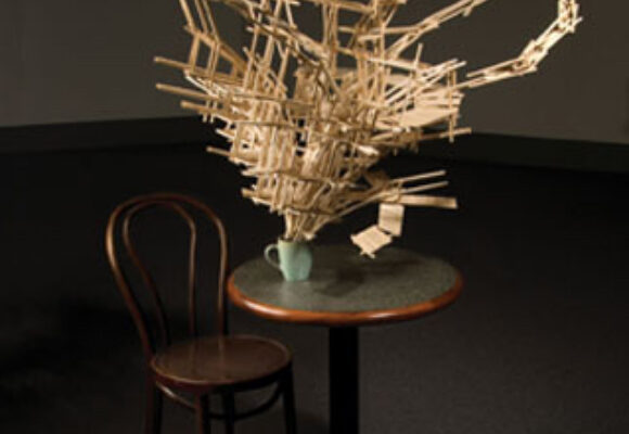 Guy Laramée Borges’ Last Coffee 2006 basswood, table with metal stand, chair. Photo- David Popplow (2006)