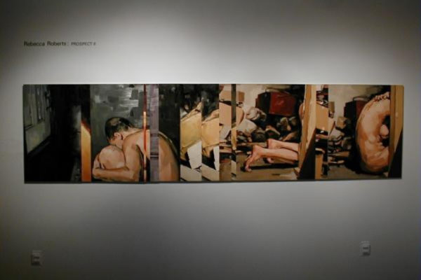 Rebecca Roberts, Untitled (MSVU Gallery installation view 1). Oil on 36 wood panels, 76.4 cm x 8 m overall (1999)