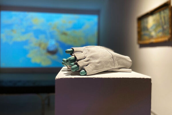 Valerie LeBlanc and Daniel H. Dugas: Fundy. Extravehicular gloves with astrolabe (detail) Installation view, MSVU Art Gallery. (Photo: LeBlanc|Dugas)