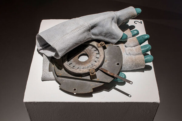 Valerie LeBlanc and Daniel H. Dugas: Fundy. Extravehicular gloves with astrolabe, Installation view, MSVU Art Gallery, 2021 (photo:Steve Farmer)