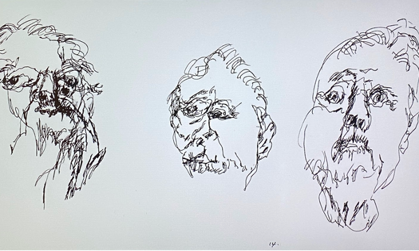 A series of three 'blind' contour drawings of human faces.