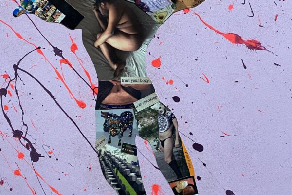 Human male-shaped collage of media images depicting male bodies on lavender background.
