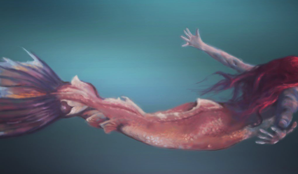 Drawing of a mermaid who's back is to the viewer. The mermaid's hair and scales are red.