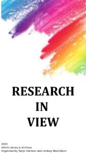 Cover page with a rainbow spectrum of colour in the top right corner, with the words Research in View in the centre of the page.